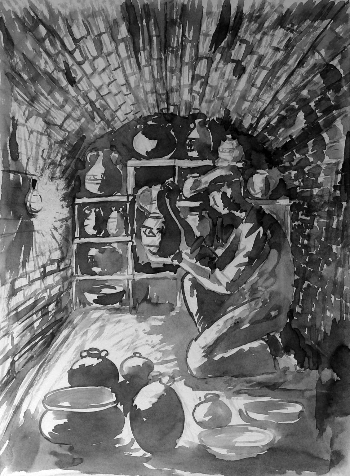 My father in the kiln. Drawing by Jan Koenen.